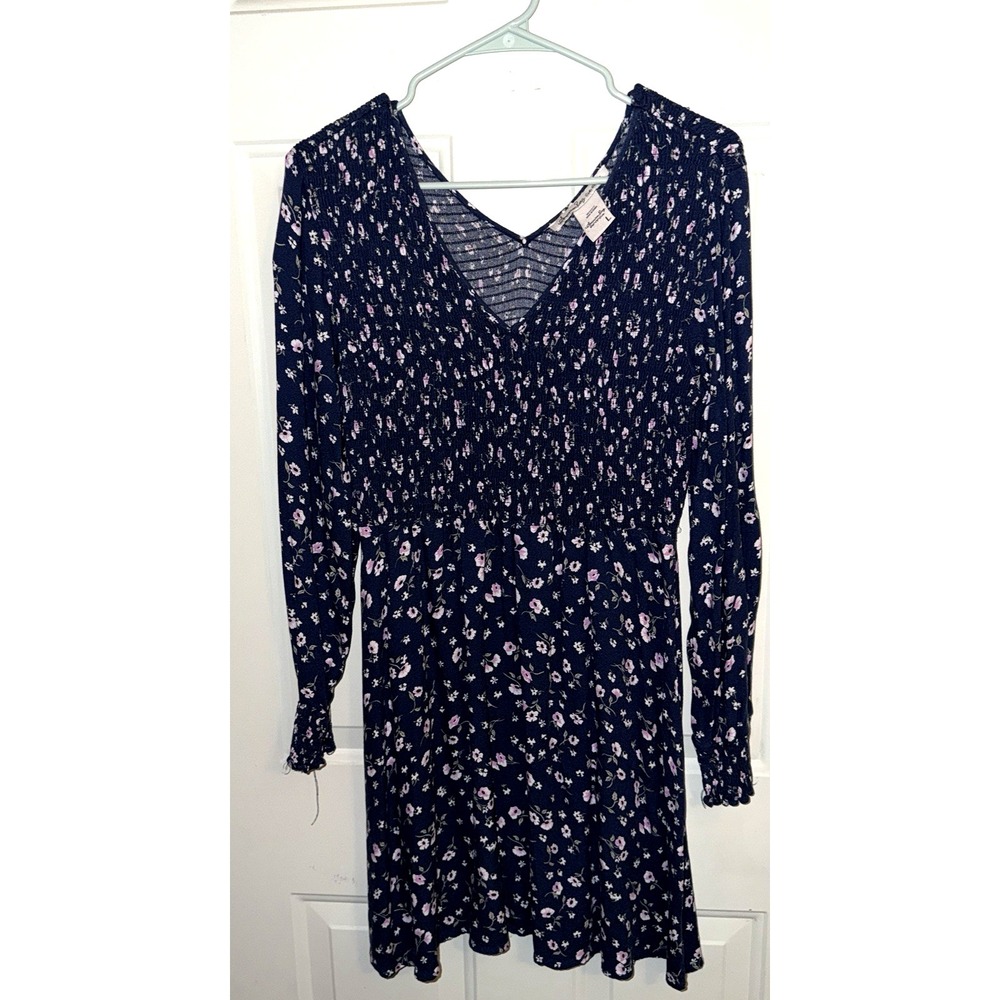 American Rag Cie Floral Smocked Mini Dress Blue Long Sleeve Women's Large